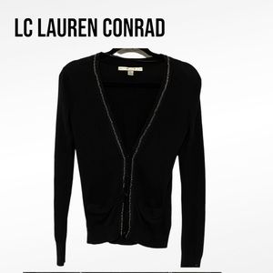 LC LAUREN CONRAD Black Cardigan Sweater with Metal Chain Accents XS EUC